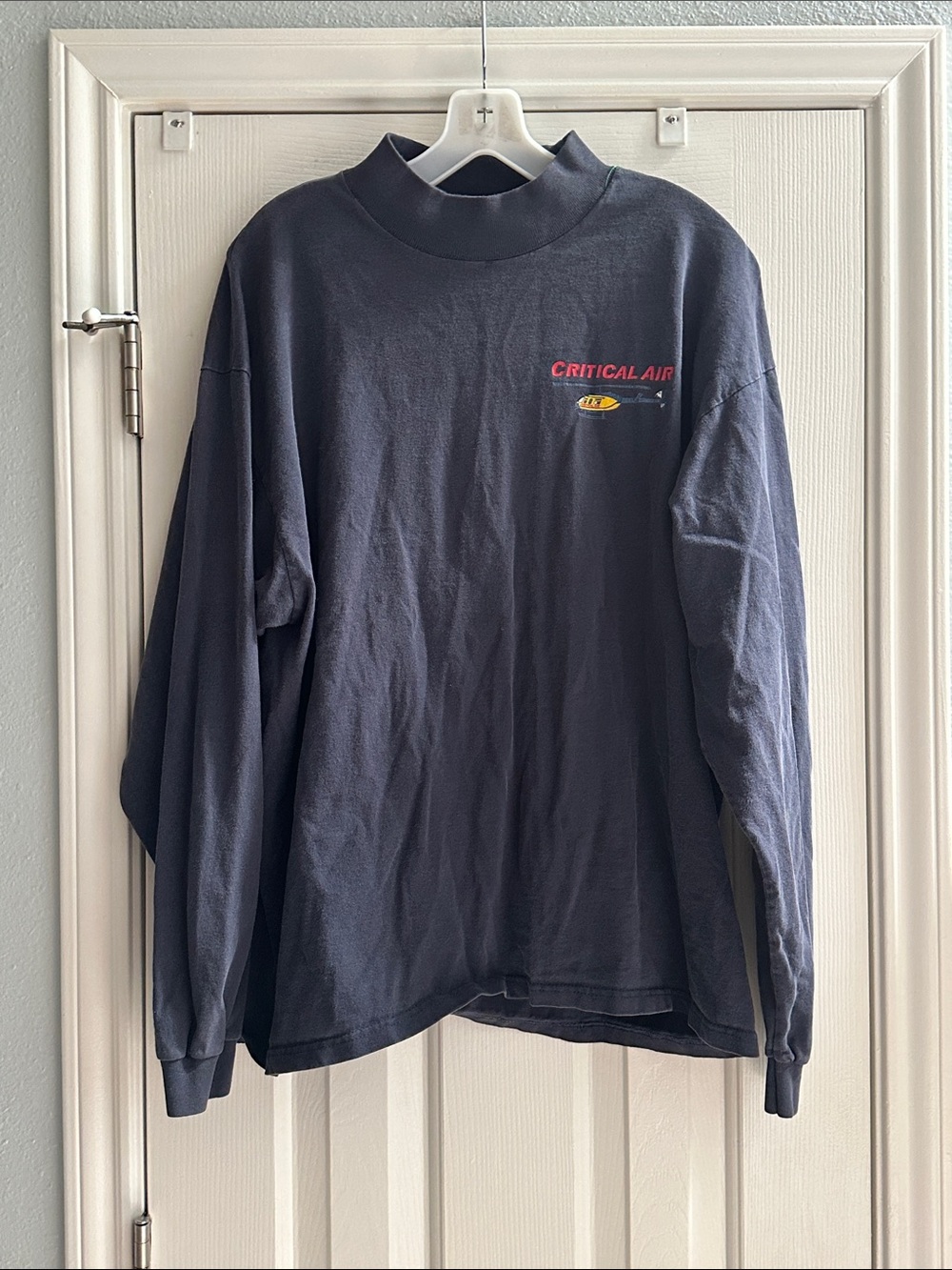 Vintage 80s Critical Air Navy Long-Sleeve Mock Neck Shirt Men’s M Retro Aviation